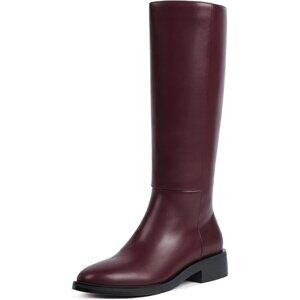 Women Polyurethane Burgundy Round Toe Flat Heel Side Zipper Knee High Tall Boots